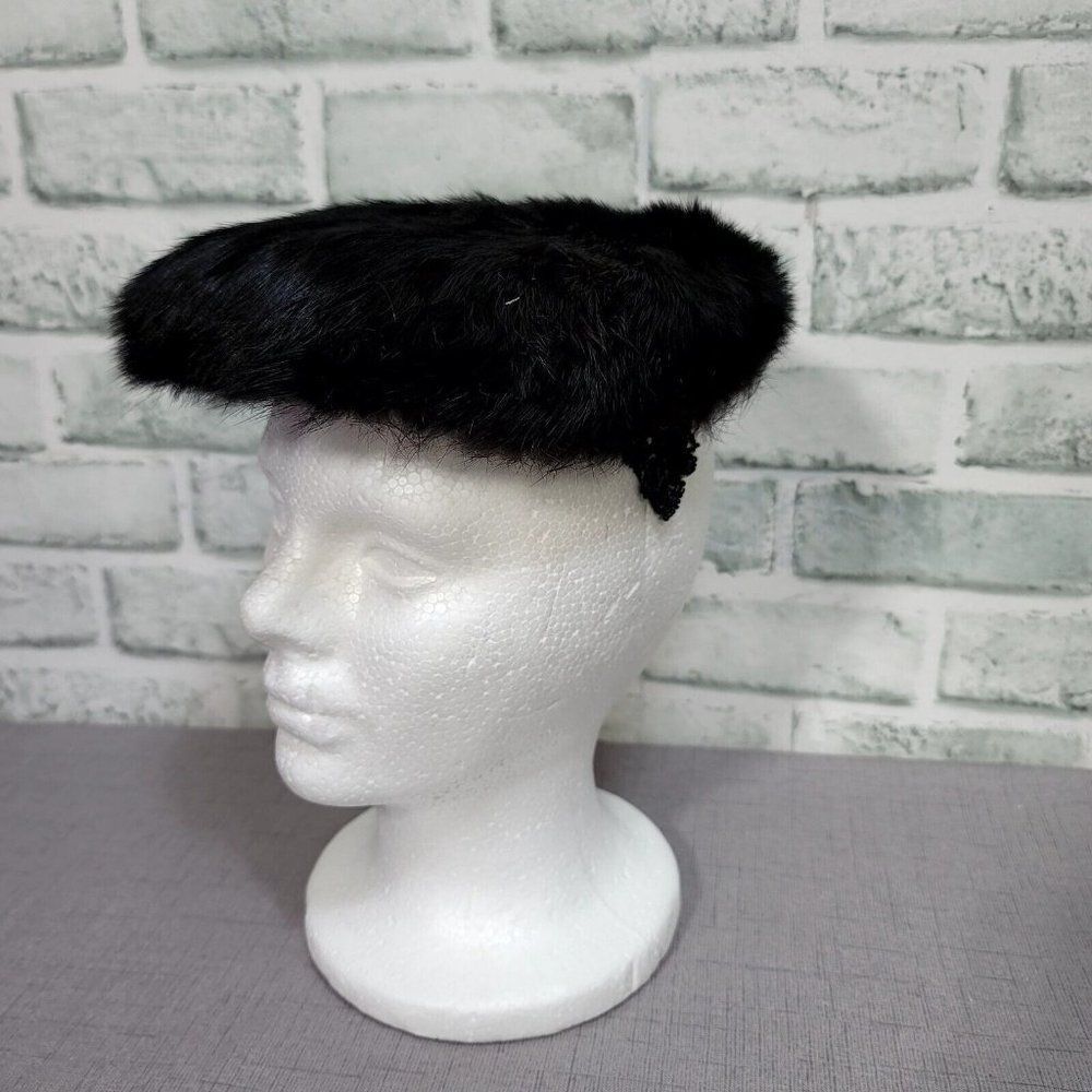 Vintage 50s 60s Black Mink Fur Hat Furry Halo Winter Fascinator Hat Sequin Side‎